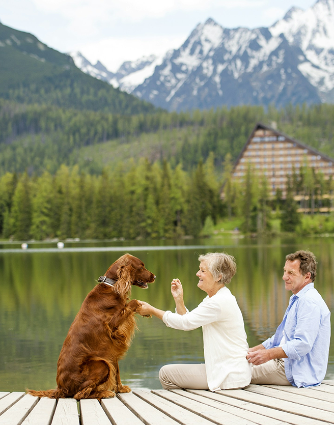 Two people on a dock with their dog